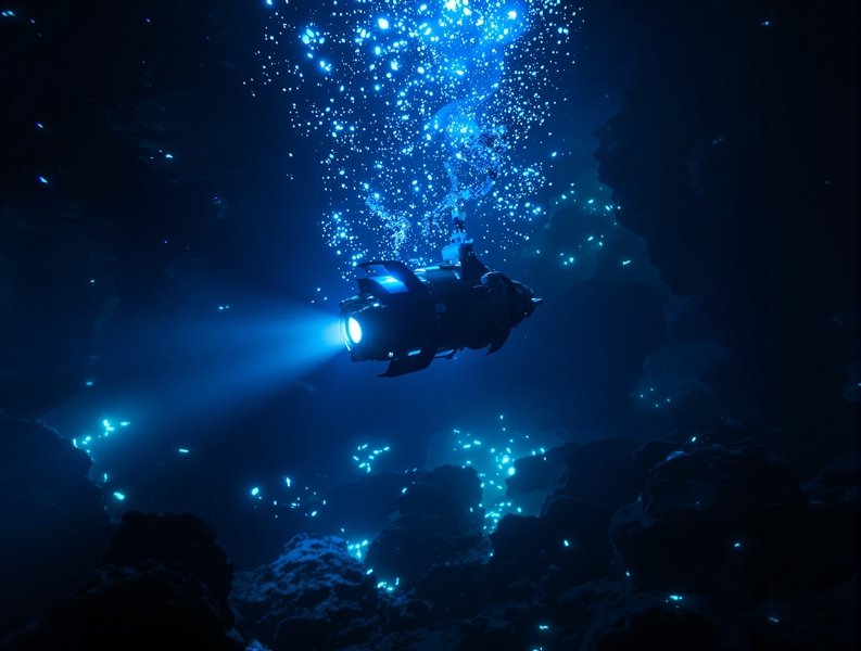 深海潜器下潜时探照灯照亮的发光浮游生物